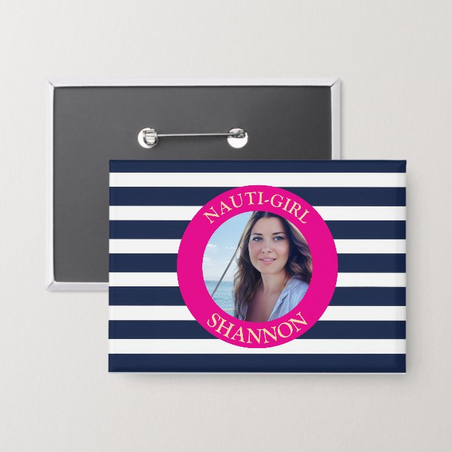Nauti-Girl Foto Button Rosa Navy Stripes (Vorderseite/Rückseite)