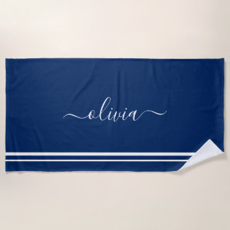 Nautic Add Name Script Navy Blue Striping Strandtuch