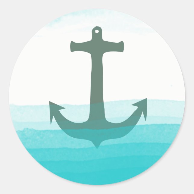 Nautic Anchor Beach Blue Aquamarin Summer Watercol Runder Aufkleber (Vorderseite)