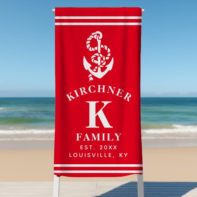 Nautic Anchor Beach House Familienname Red Strandtuch (Von Creator hochgeladen)