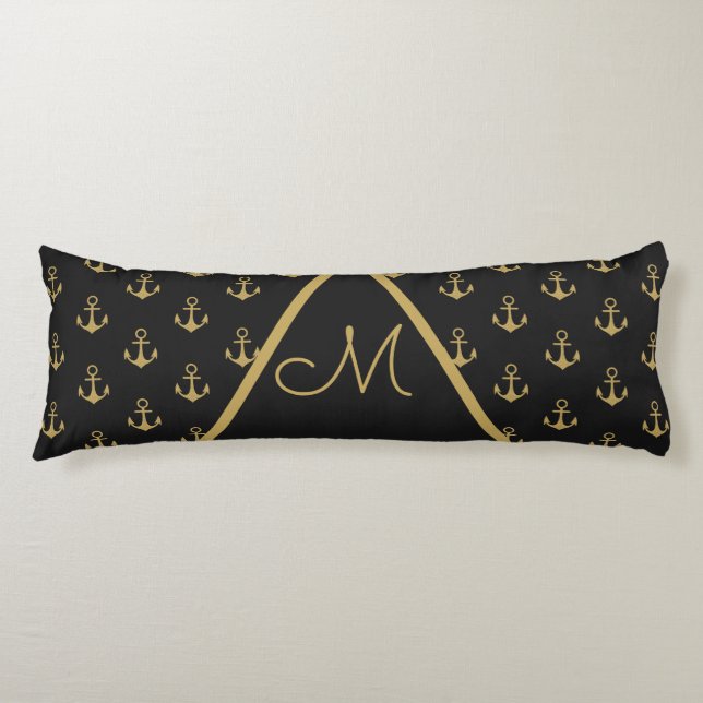 Nautic Anchor Black Monogram Body Pillow Seitenschläferkissen (Vorderseite)