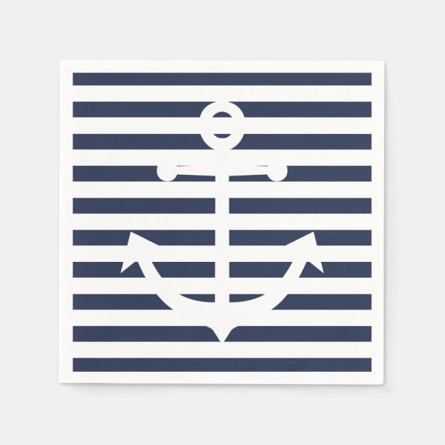 Nautic Anchor Blau-und Weiß Streifen Hochzeit Serviette (Vorderseite)
