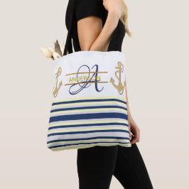 Nautic Anchor Blue Gold MONOGRAM Tragetaschen Tasche