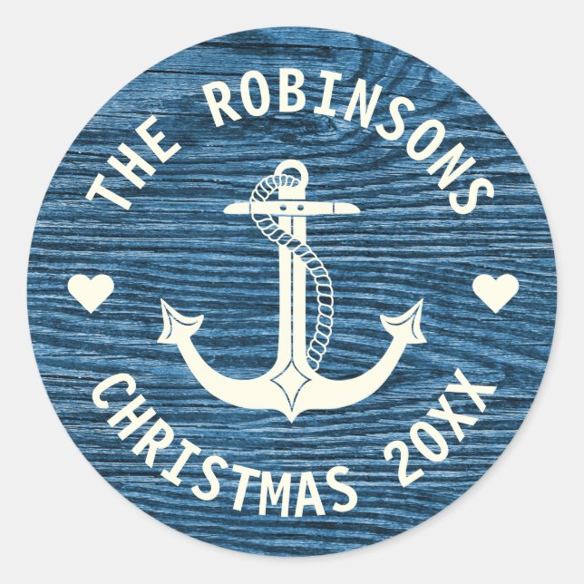 Nautic Anchor Blue Rustic Familienname Weihnachten Runder Aufkleber (Vorderseite)