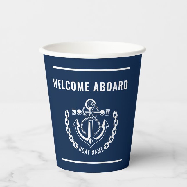 Nautic Anchor Boat & Captain Name Pappbecher (Vorderseite)