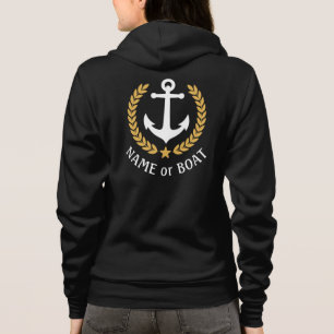 Nautic Anchor Boat Name Gold Laurel Black Zip Up Hoodie