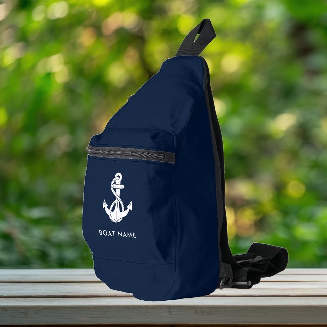 Nautic Anchor Boat Name Navy Blue Custom Crossbody Bag (Nautical Anchor Navy Blue Sling Bag)