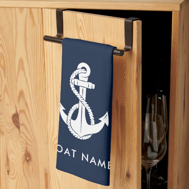Nautic Anchor Boat Name Navy Blue Custom Geschirrtuch (Drittel gefaltet)