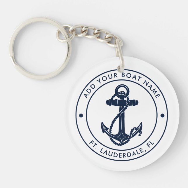 Nautic Anchor Boat Name Navy Blue White Schlüsselanhänger (Vorderseite)