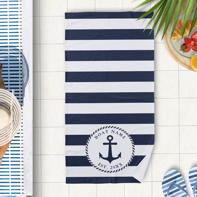 Nautic Anchor Boat Name Navy Blue White Strandtuch (Custom Nautical Navy Blue and White Beach Towel with Anchor  and Stripes)
