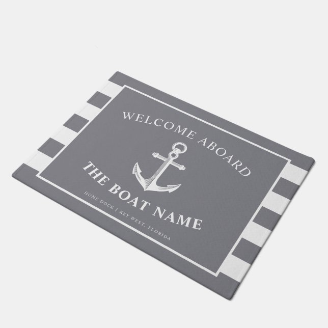 Nautic Anchor & Captain Name Slate Gran Streifen Fußmatte (Schrägansicht)