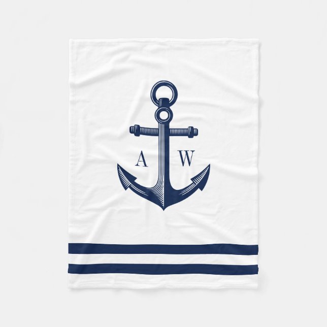 Nautic Anchor Custom Monogram White Fleecedecke (Vorderseite)