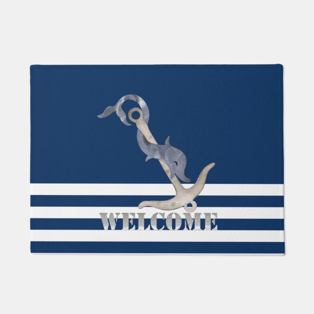 Nautic Anchor Dolphin Navy Blue Stripes Willkommen Fußmatte (Vorderseite)