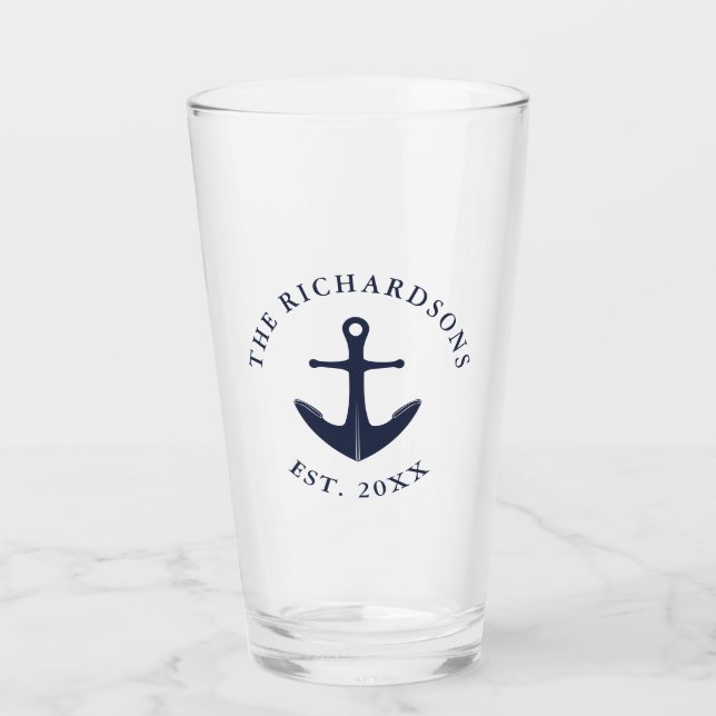Nautic Anchor Familienname Jahr Navy Blue Glas (Vorderseite)