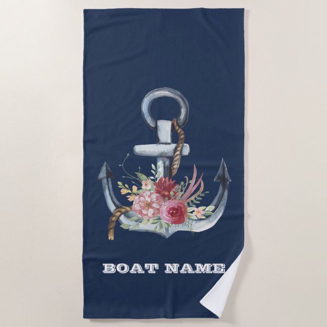 Nautic Anchor Floral Boat Name Navy Blue Strandtuch (Vorderseite)