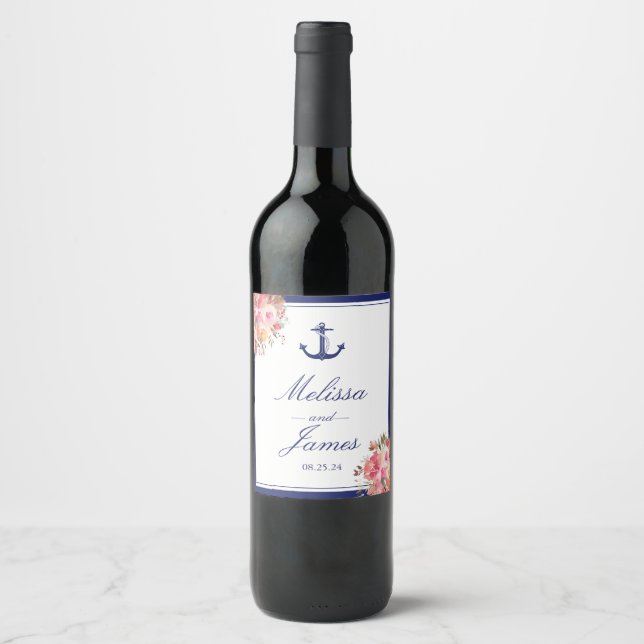Nautic Anchor Floral Rose Navy Blue Wedding Weinetikett (Vorderseite)