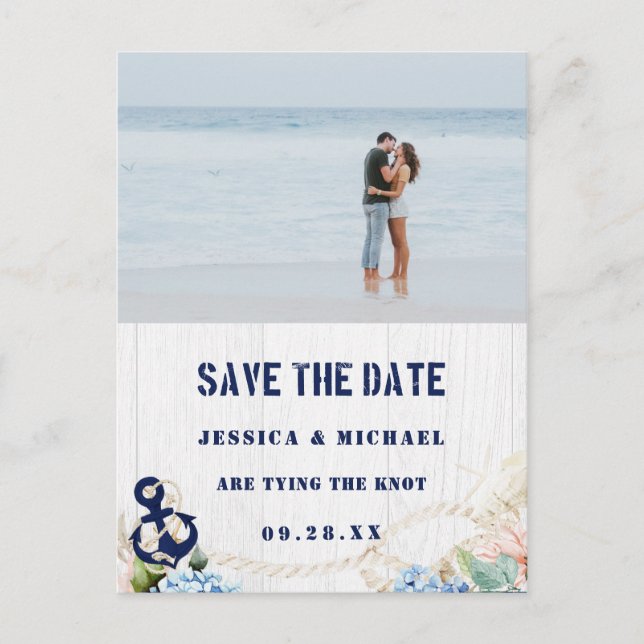 Nautic Anchor Floral Rustic Beach Save the Date Einladungspostkarte (Vorderseite)