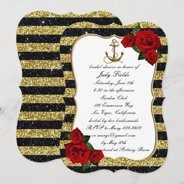 Nautic Anchor Gold Black Stripes Brautparty Einladung (Vorne/Hinten)