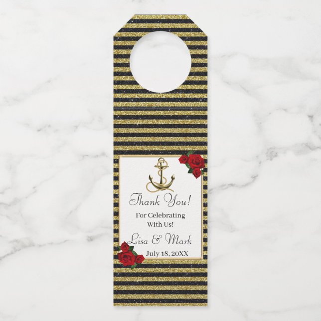 Nautic Anchor Gold Black Stripes Flaschenanhänger (Vorderseite)