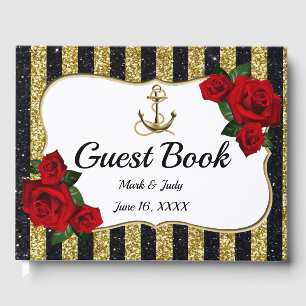 Nautic Anchor Gold Black Stripes Guestbook Gästebuch