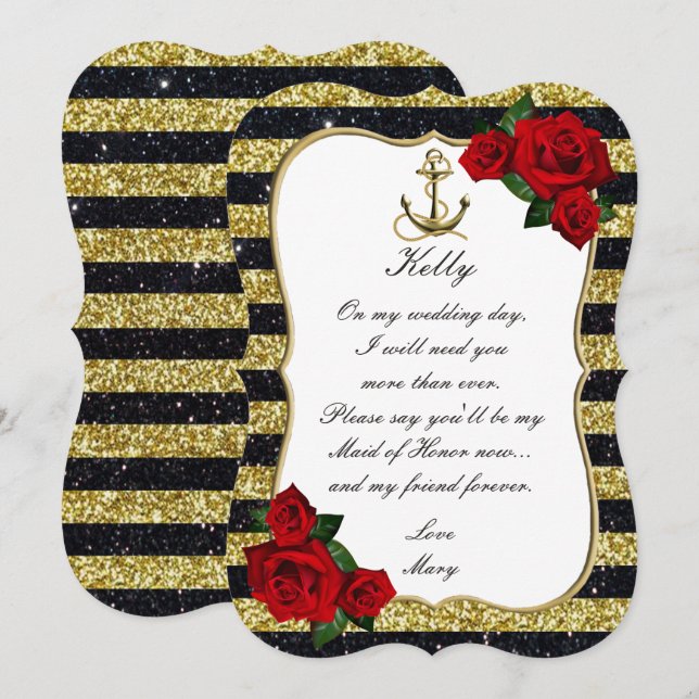 Nautic Anchor Gold Black Stripes Trauzeugin Einladung (Vorne/Hinten)