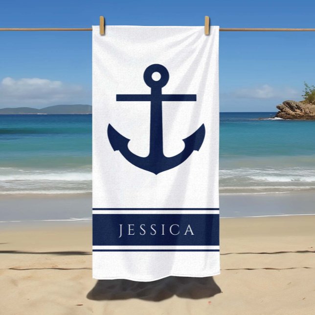 Nautic Anchor Individuelle Name Powder Blue Strandtuch (Nautical Anchor Custom Name Powder Blue Beach Towel)