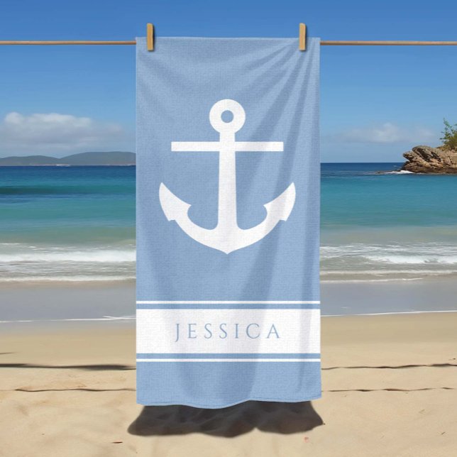 Nautic Anchor Individuelle Name Powder Blue Strandtuch (Nautical Anchor Custom Name Powder Blue Beach Towel)