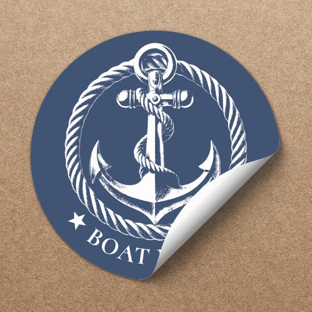 Nautic Anchor Logo Navy Blue Boat Name Runder Aufkleber (Von Creator hochgeladen)