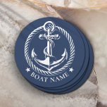 Nautic Anchor Logo Navy Blue Boat Name Runder Pappuntersetzer<br><div class="desc">Nautical Anchor Logo Navy Blue Boat Name Paper Untersetzer.</div>