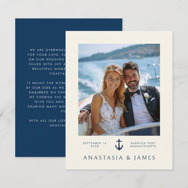 Nautic Anchor Modernes Navy Blue Foto Hochzeit Dankeskarte (Vorne/Hinten)