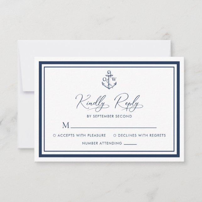 Nautic Anchor Monogram Navy Hochzeit RSVP Karte (Vorderseite)