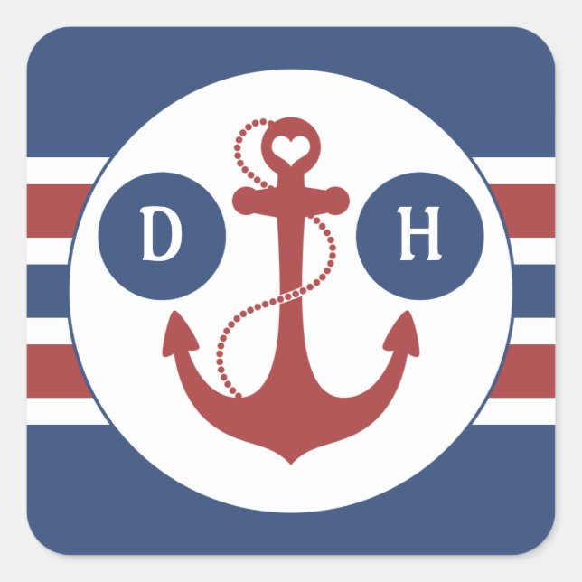 Nautic Anchor Monogram Quadratischer Aufkleber (Vorderseite)