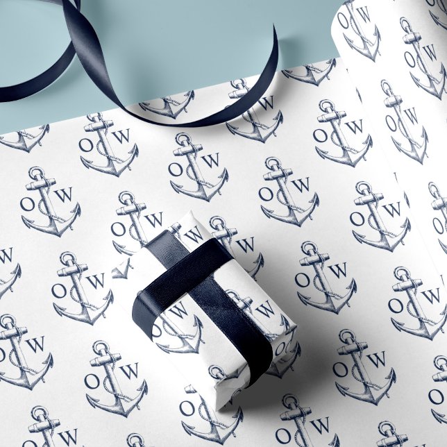 Nautic Anchor Monogram White Navy Geschenkpapier (Von Creator hochgeladen)