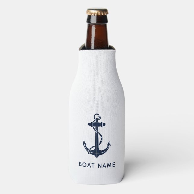 Nautic Anchor Motif Navy Blue Boat Name Custom Flaschenkühler (Flaschenvorderseite)