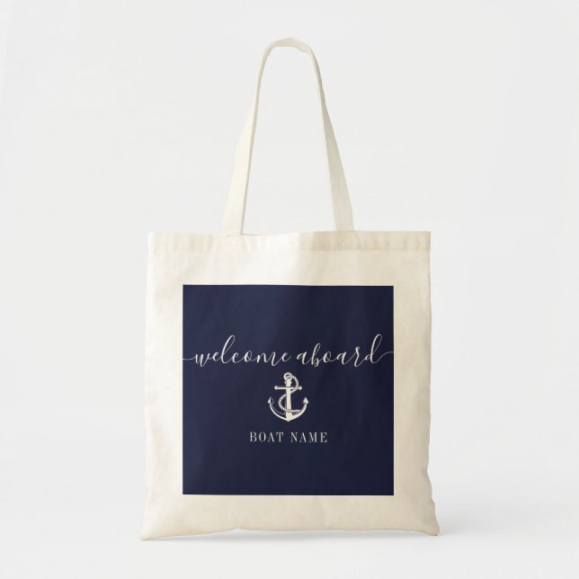 Nautic Anchor Name Navy Blue Willkommen an Bord Tragetasche (Vorne)