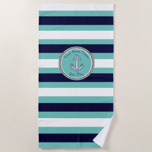Nautic Anchor Navy Aquamarin White Streifen Strandtuch