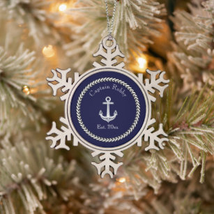 Nautic Anchor Navy Blue and White Keramik Ball Schneeflocken Zinn-Ornament