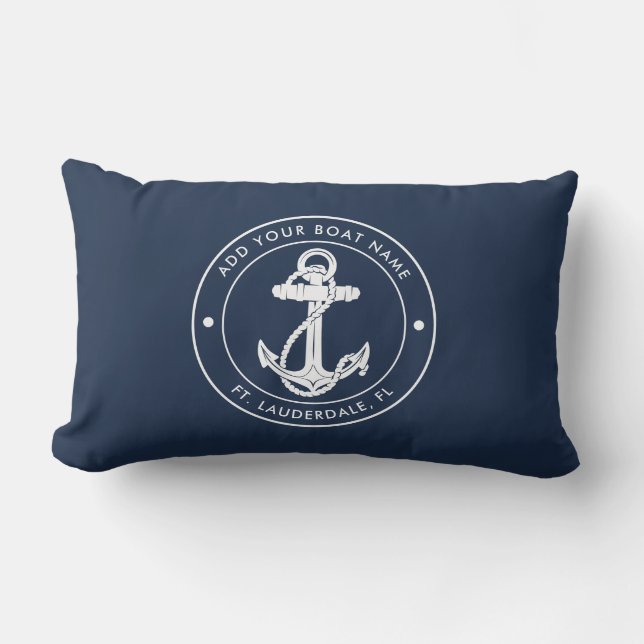 Nautic Anchor Navy Blue Boat Name Custom Kissen Für Draußen (Vorderseite)