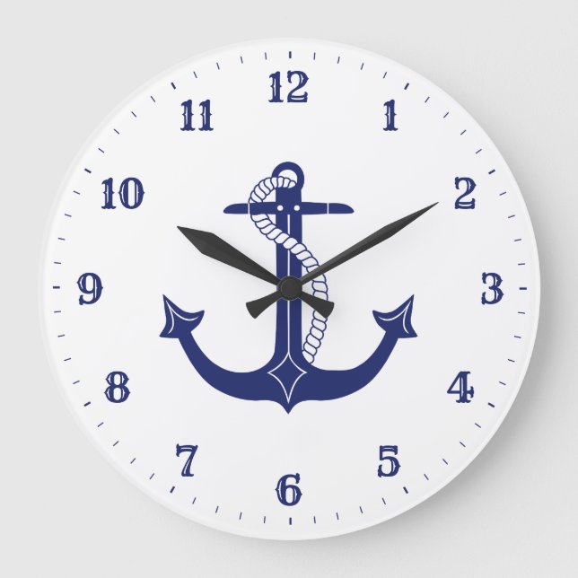 Nautic Anchor Navy Blue Große Wanduhr (Vorderseite)