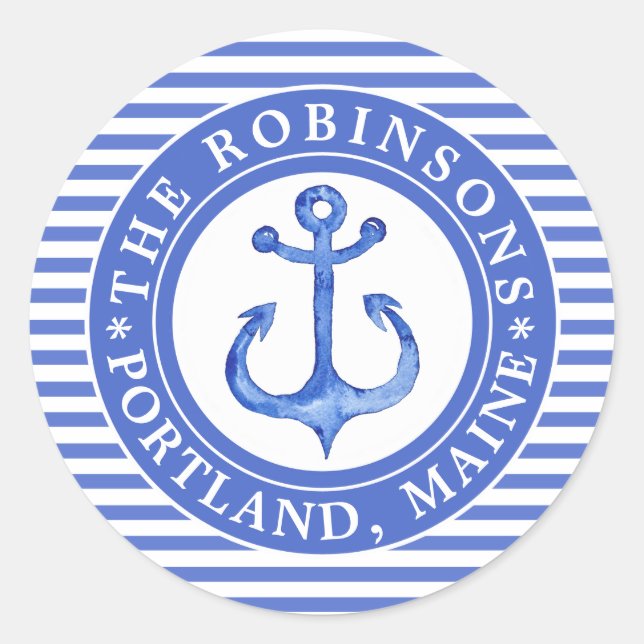 Nautic Anchor Navy Blue Personalisiert Runder Aufkleber (Vorderseite)