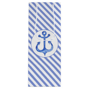 Nautic Anchor - Navy Blue Strift Geschenktasche Geschenktüte Für Weinflaschen