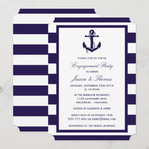 Nautic Anchor Navy Blue Stripe Engagement Party Einladung