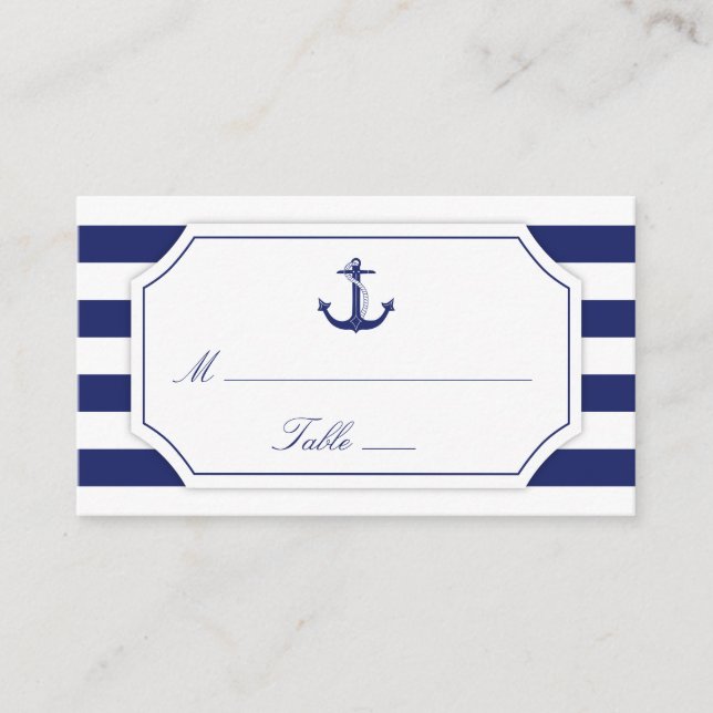 Nautic Anchor Navy Blue Stripe Hochzeit Platzkarte (Vorderseite)