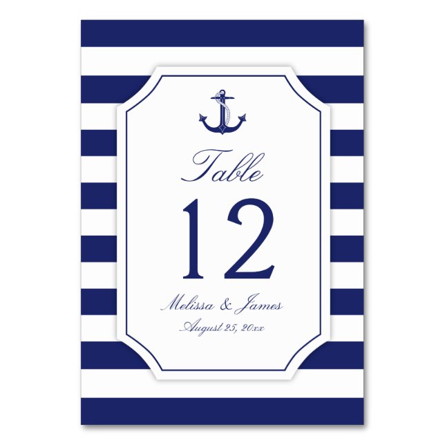 Nautic Anchor Navy Blue Stripe Hochzeit Tischnummer (Vorderseite)