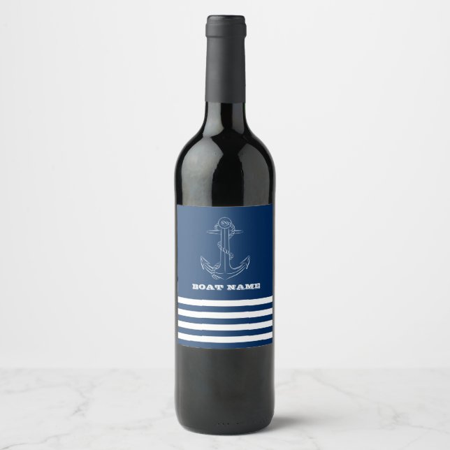 Nautic Anchor Navy Blue Striped Sailor Weinetikett (Vorderseite)