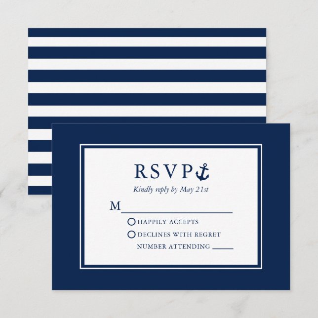 Nautic Anchor Navy Blue Striped Wedding RSVP Karte (Vorne/Hinten)