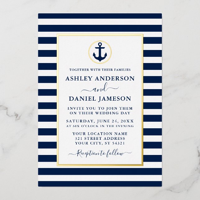 Nautic Anchor Navy Blue Stripes Wedding Gold Folieneinladung (Vorderseite)