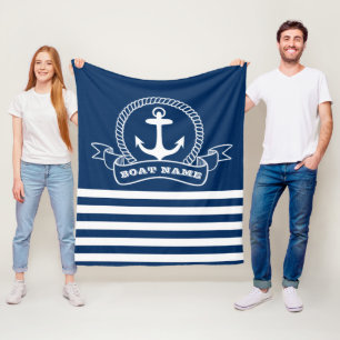 Nautic Anchor Navy Blue Striping Fleecedecke