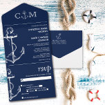 Nautic Anchor Navy Blue Wedding All In One Einladung<br><div class="desc">Diese preisgünstigen Nautical Anchor Wedding Einladungen sind mit einer durchsichtigen,  perforierten UAWG-Postkarte gestaltet. Falten Sie einfach jede Karte in die umrissene Form,  und dann Siegel und senden - kein Umschlag für den Versand erforderlich.</div>