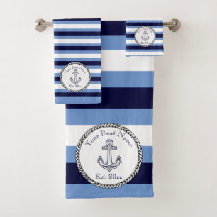 Nautic Anchor Navy Blue Wedgwood White gestreift Badhandtuch Set